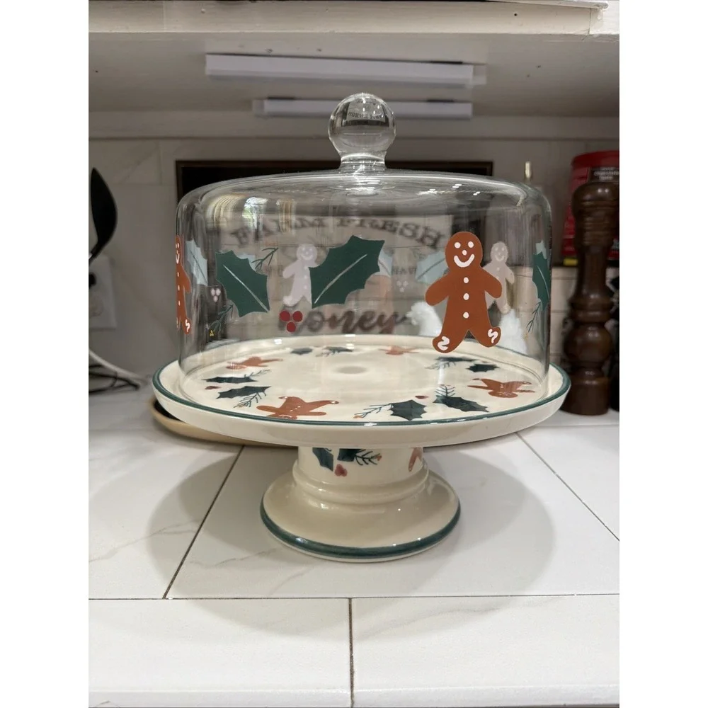 Rare‎ Gingerbread Pedestal Cake Stand Plate Glass Dome By Noble Excellence USA